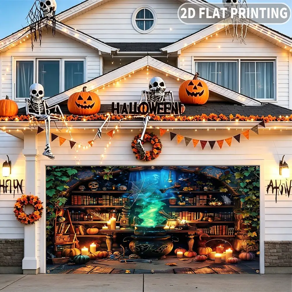1pc 2D FLAT Halloween Party Garage Banner, Mystical Witch Cauldron Halloween Scene Print Pattern, No Power Need, for Garage Door