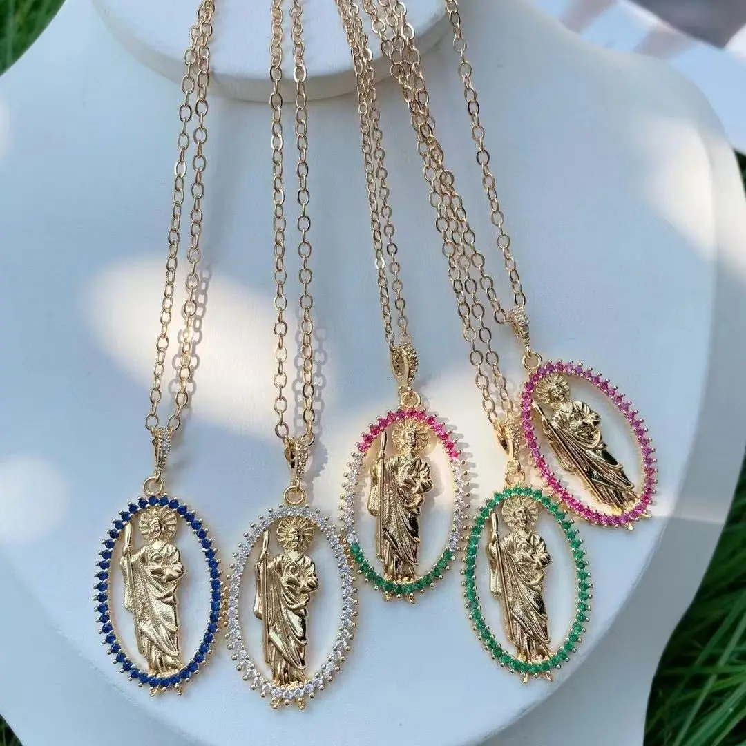 5PCS, Holy Virgin Mary Pendant Necklace Religion Dainty Golden Christian Zircon Necklace Women Christian Jewelry