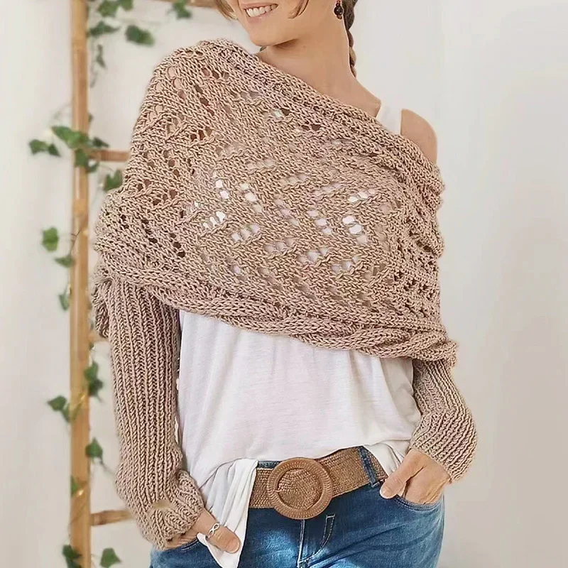 Winter Long Knitted Shawl Warm Windproof Twist Lengthened Hollow Double-sleeved Cross Strapless Woolen Scarf Female Traveling