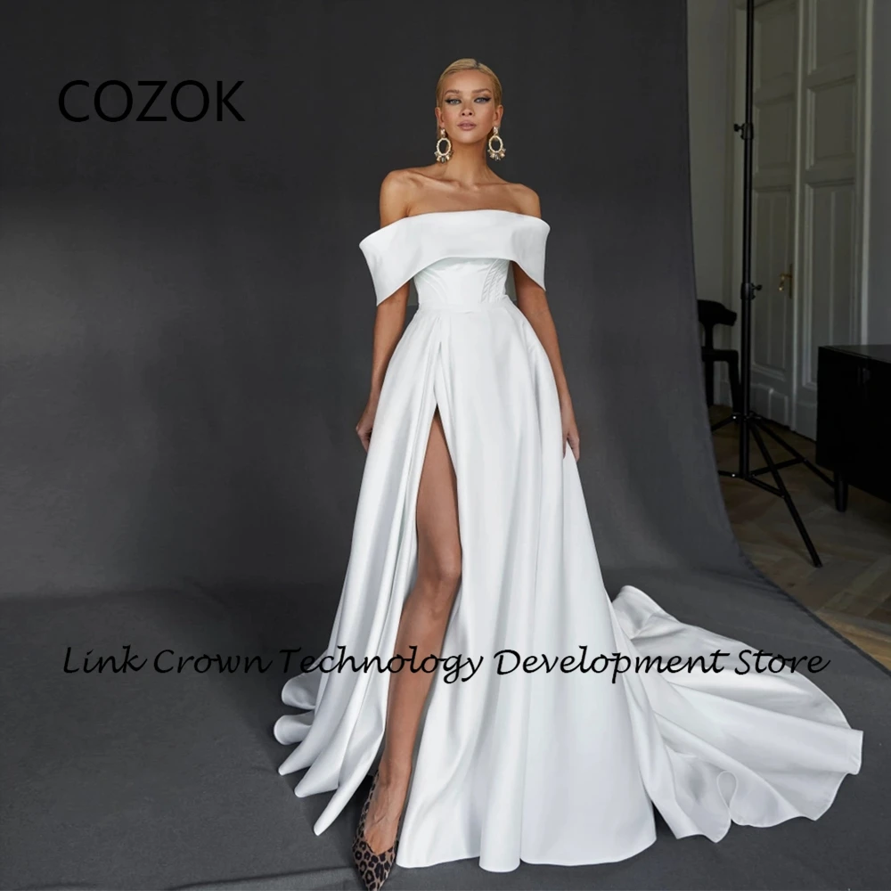 

COZOK White Side Slit Wedding Dresses for Women Satin Bridal Gowns Sweep Train 2025 Summer New Off Shoulder Vestidos De Novia