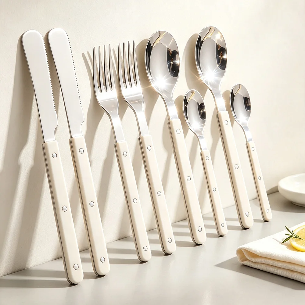 8Pcs ABS Handle Rivets Cutlery Set Stainless Steels Dinner Set Beige Silver Fork Knife Spoon Western Dinnerware Kitchen Flatware