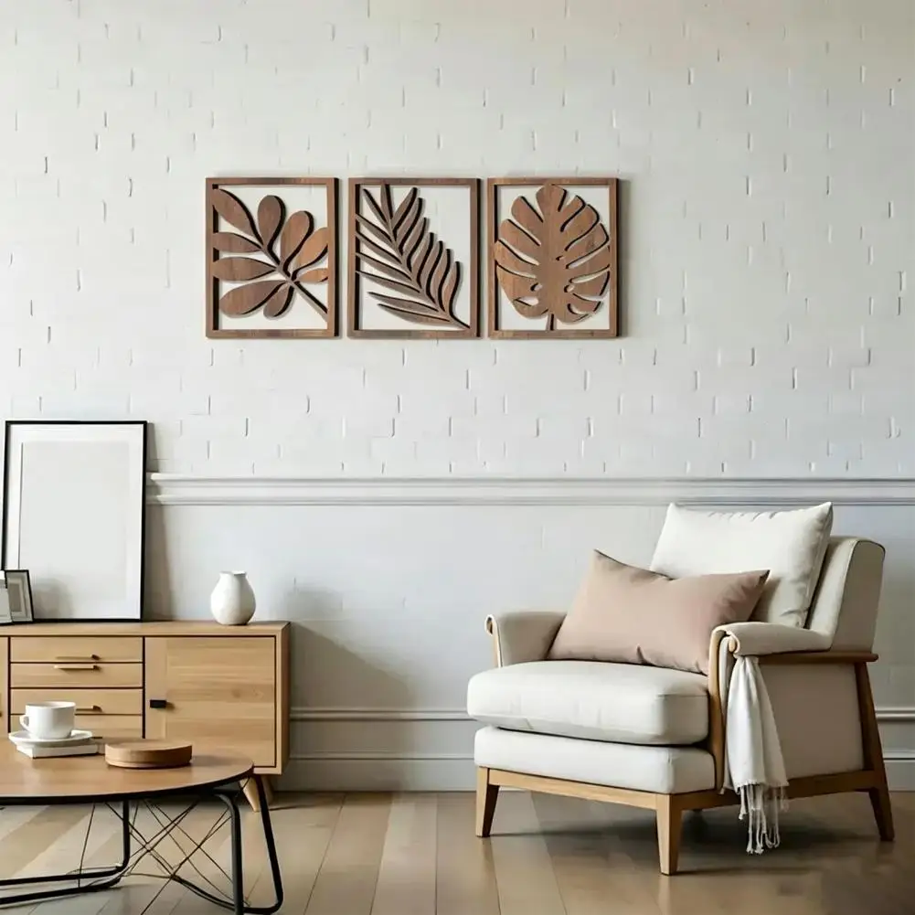 3 Pcs Nordic Style Wood Decor Tropical Plant Boho Wall Decor Wall Sculpture Panel for Home Living Room, Bedroom, Kitchen view 2