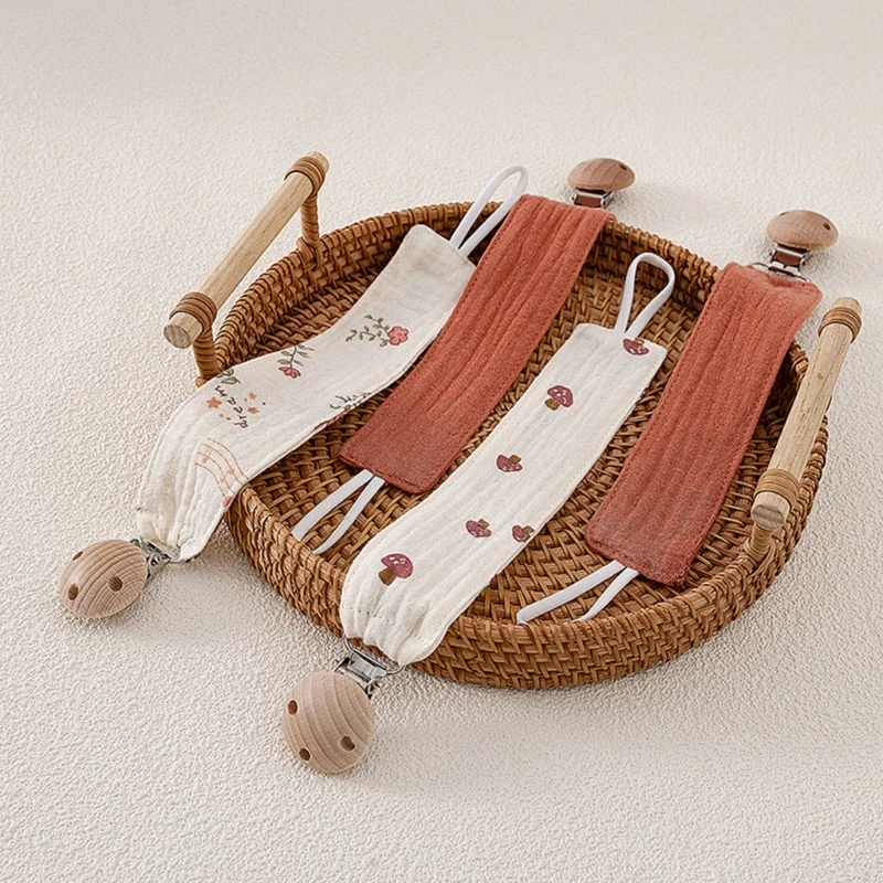 Washable Cotton Pacifier Lanyard Multi Functional Designs with Wooden Clasp Patterned Tether for Newborn Security 425F