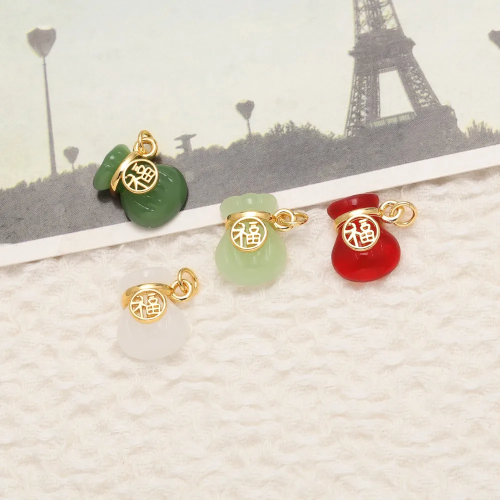 OCESRIO Multicolor Glass Money Bag Charms For Bracelet Copper Gold Plated Chinese Fu Handmade Keychain Purse Charm Chma448