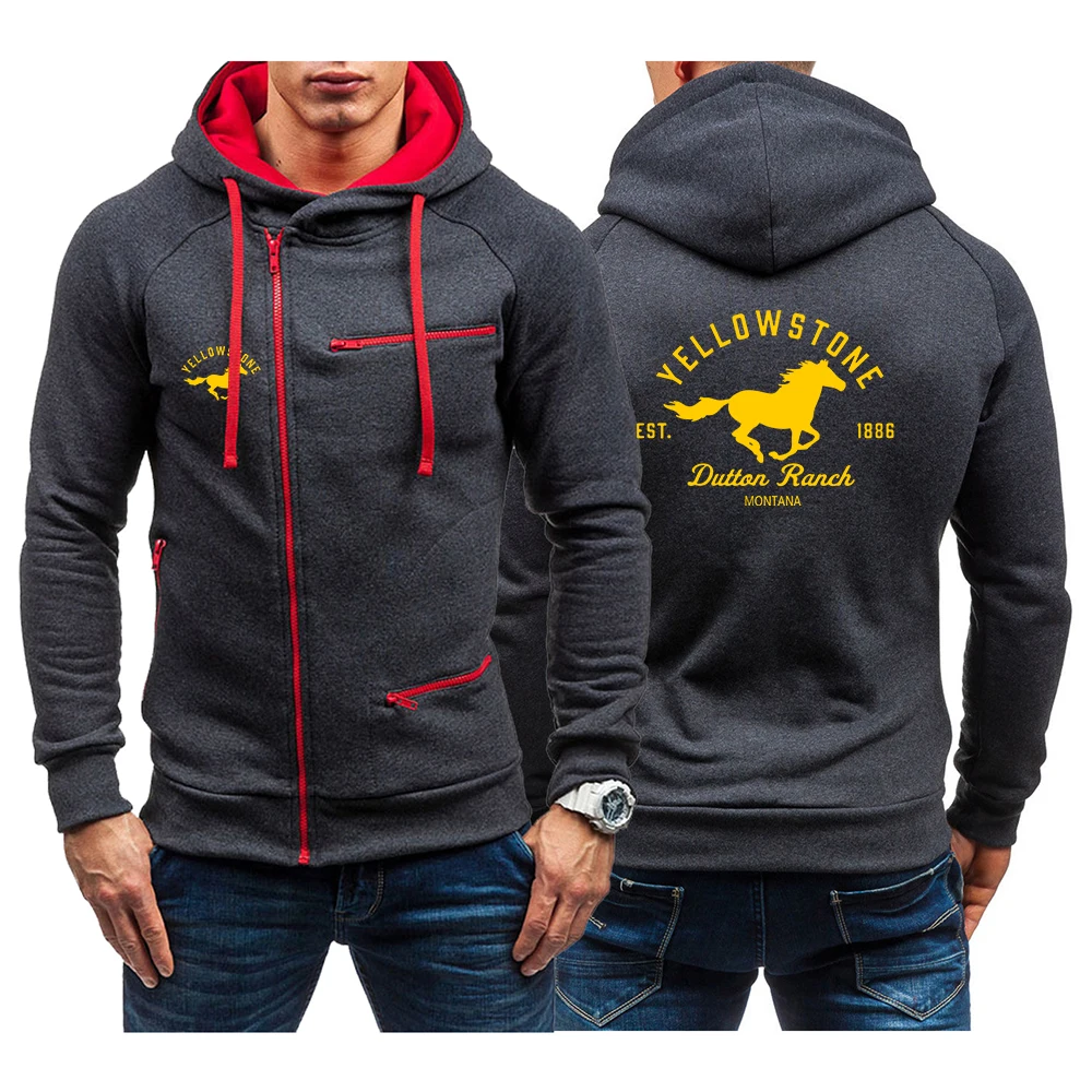 

Movie Yellowstone Dutton Ranch Men's New Fashion Diagonal Zip Hoodie Solid Color Long Sleeve Sweatshirt Sweatshirt Pullover Tops