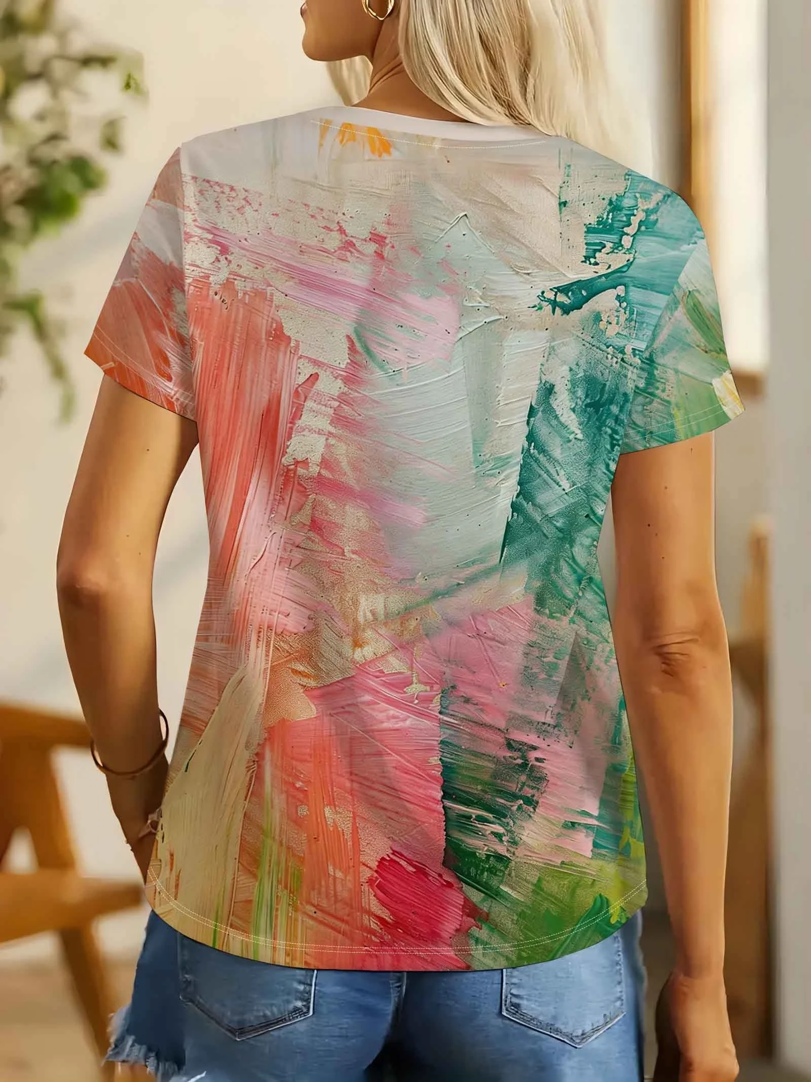Women's Round Neck T-Shirt Oil Painting Brush Stroke Gradient Color Print Artistic Style Casual Summer Daily Women Clothing