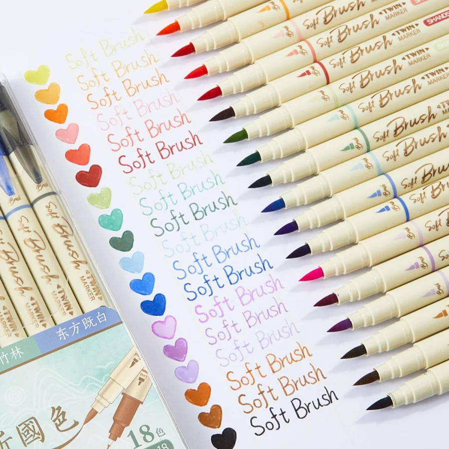

18 Colors Double-ended Brush Pens Water-Based Ink Soft Brush for Students Calligraphy Art Painting Fine Lining Drawing Colouring
