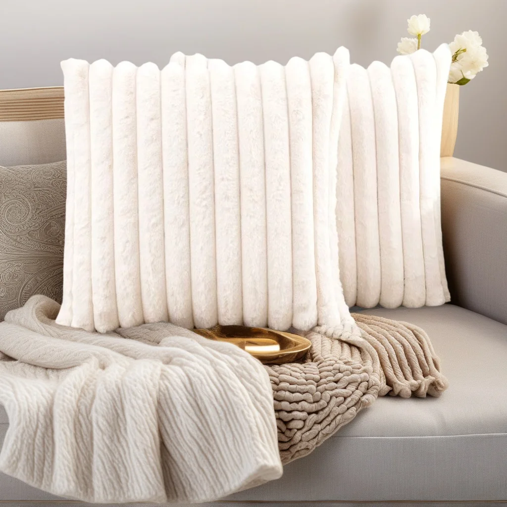 2er-Pack Künstliche Plüsch-Kissenbezüge, Luxuriöse Weiche Gestreifte Dekorative Kissenbezüge, Geeignet für Sofa-Innenräume – Detail 17