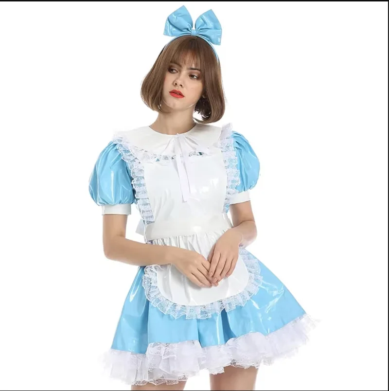 French Sexy Adult Customized Fetishist Crossdressing Sissy Lapel PVC Independent Apron with Hairpin Dress