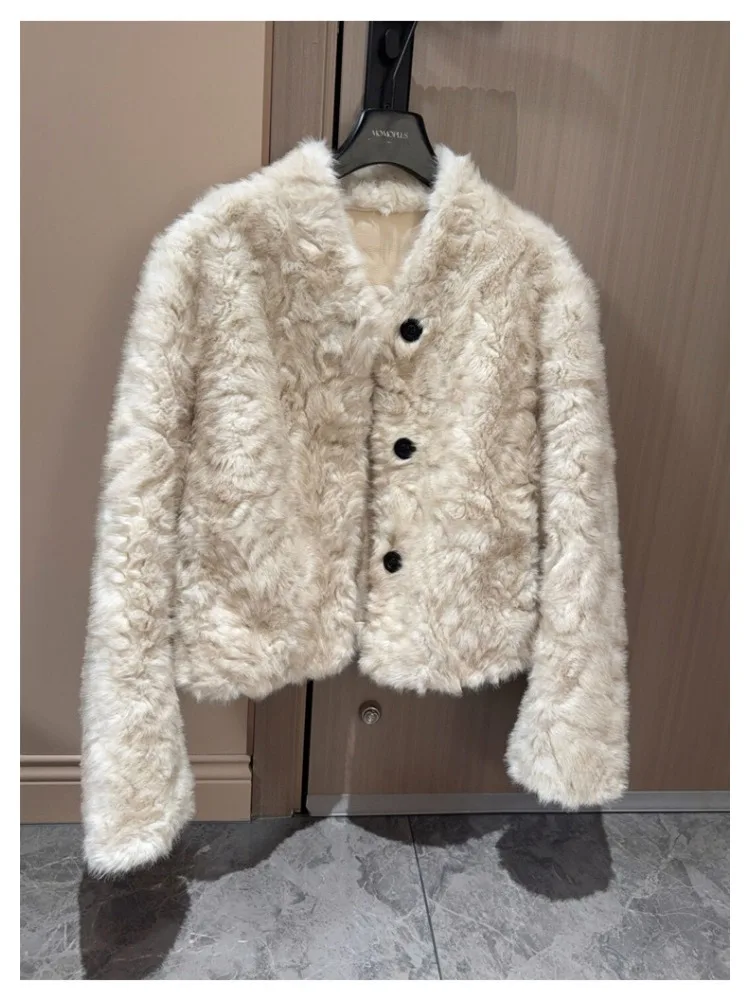 Winter Nieuwe vrouwen Korte Losse Faux Lamsbont Jas Single-breasted Pluche Jas Lange Mouw Kantoor Dame Pluizige tops Harige Jassen