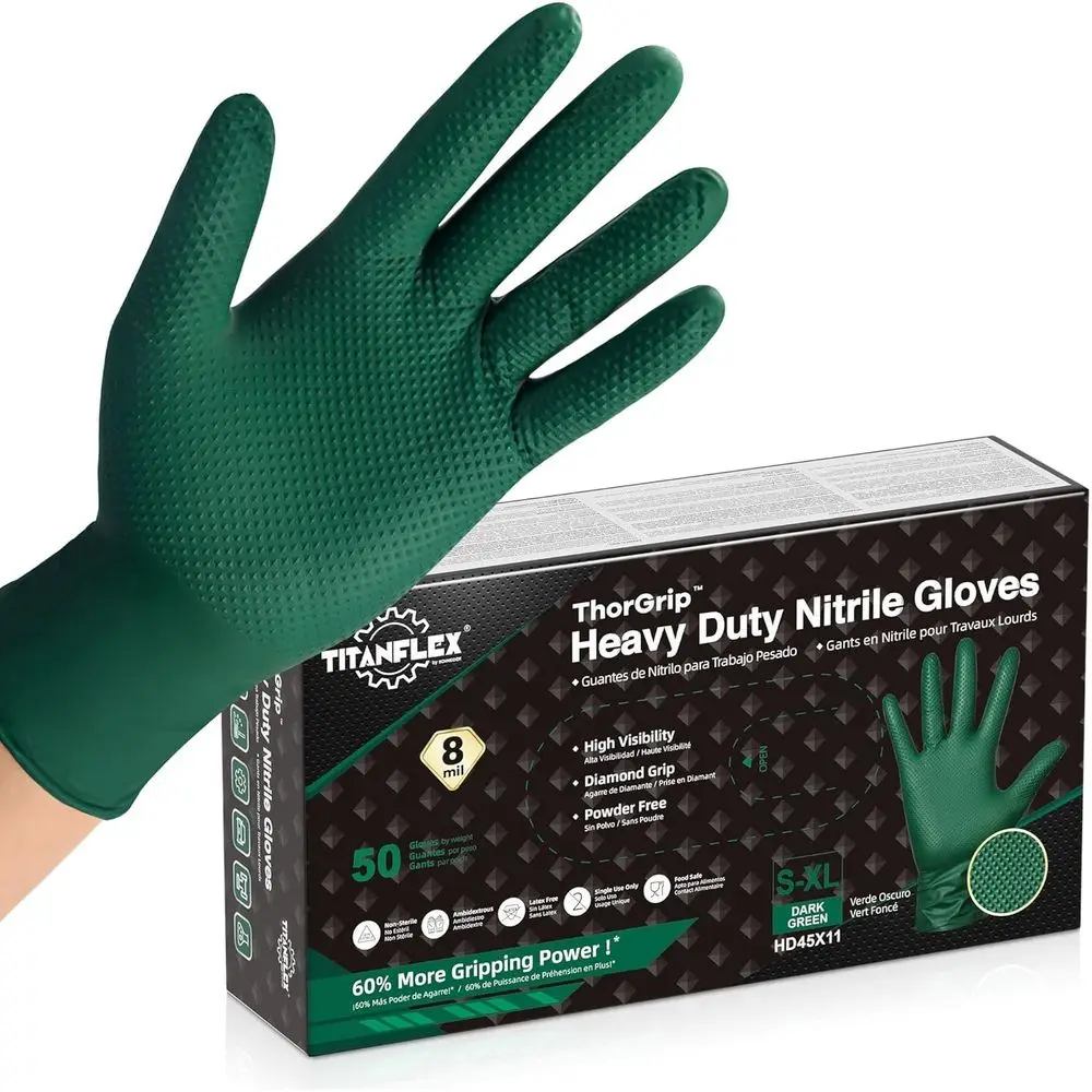 Guantes de Nitrilo Resistentes de 8 mil con Agarre de Diamante en Relieve, Sin Látex, Verde/Amarillo
