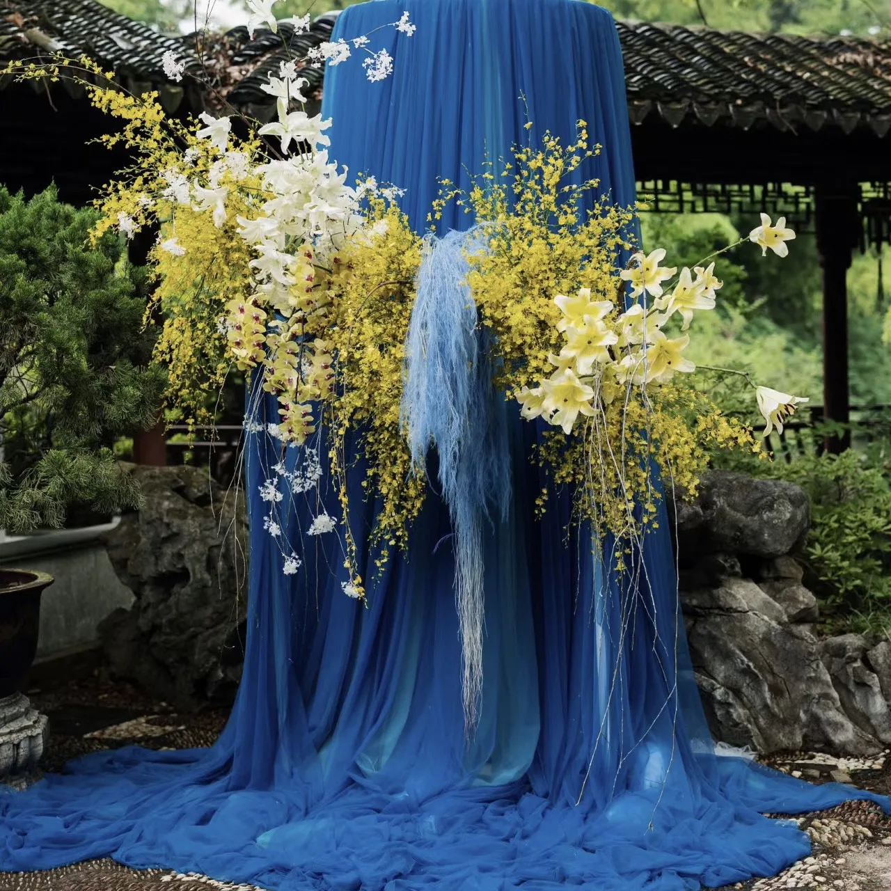 Blue High-Grade Draping Fabric for Wedding Ceremony Transparent Mesh Voile Decorative Ceiling Fabric