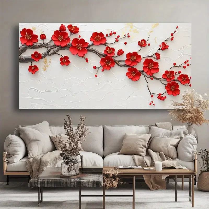 Unframed Modern Red Plum Blossom Canvas Wall Art - Gold Dotted Abstract Painting, High Quality Landscape Print for Living Room