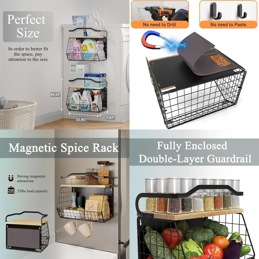 

Полка с магнитом на холодильник, деревянная крышка, контейнеры для хранения фруктов и овощей, большая магнитная полка для специй, проволочная корзина для холодильника и стойки