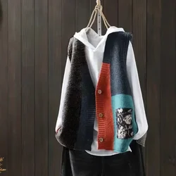 Cardigan da donna primaverile e autunnale con scollo a v senza maniche con stampa a bottoni pannello Vintage lavorato a maglia canotte maglione Casual moda