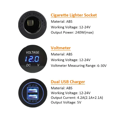 4 in 1 12-24V Dual USB Charger Car Cigarette Lighter Digital Voltmeter with Rocker Switch for Car Boat Truck RV ATV