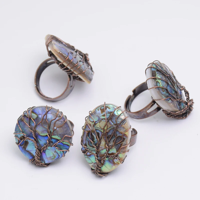 Vintage Natural Abalone Shell Tree of Life Finger Ring Antique Copper Wire Wrap Resizable Female Women Fashion Jewelry