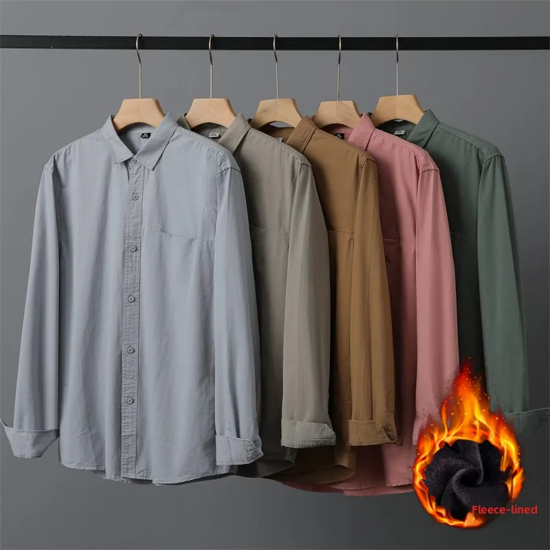

Мужская рубашка из чистого хлопка с длинным рукавом, осенне-зимняя, новая, повседневная, свободного кроя, модная, на флисовой подкладке, с воротником