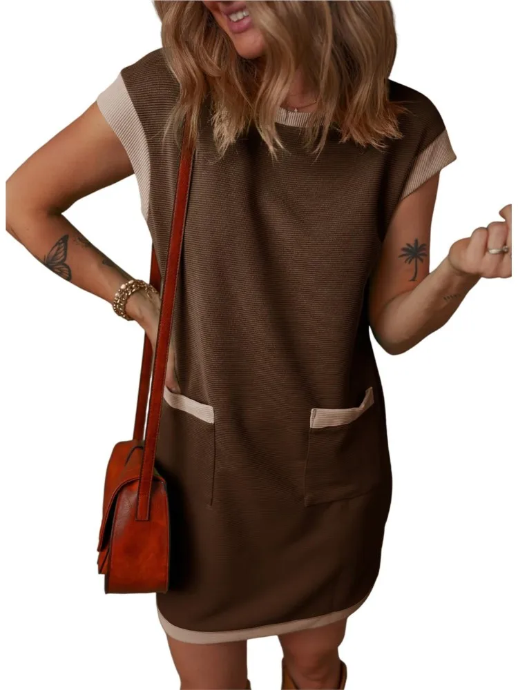 Summer Loose Dresses Women's Casual Pocket Blocked Straight Tube T-shirt O-Neck Short Sleeve Mini Dresses For Women Streetwear