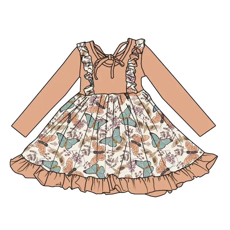 Wholesale Sweet Girls Dress Back Lace-up Large Ruffles Hemline Long Sleeve Girls Sunflower Dress Children's Dress