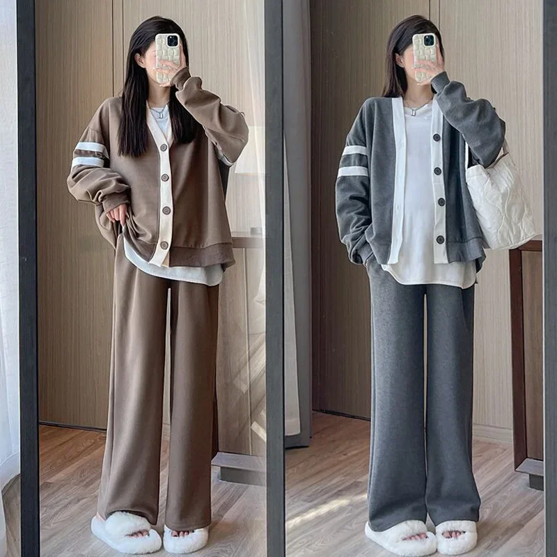 2PCS Pregnancy Outfits Maternity Cardigan Hoodies Pants Set Spring Sports Casual Zipper Sweatshirt Clothes for Pregnant Women