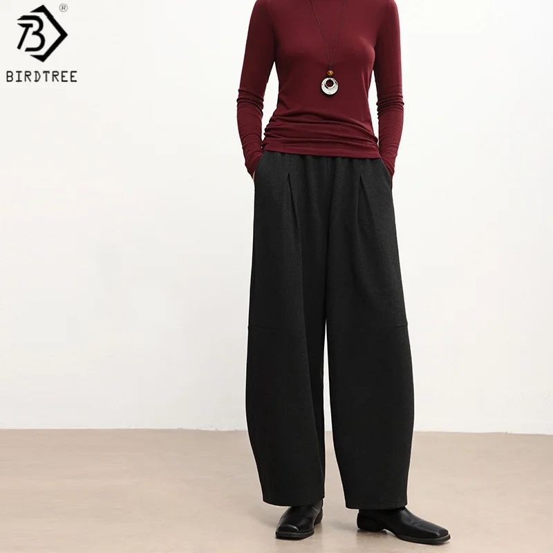 Birdtree, Wool Blended Solid Lantern Pants, Women's Loose Casual Warmth Trousers, Elastic Waist, 2026 Autumn Pants P69607JF