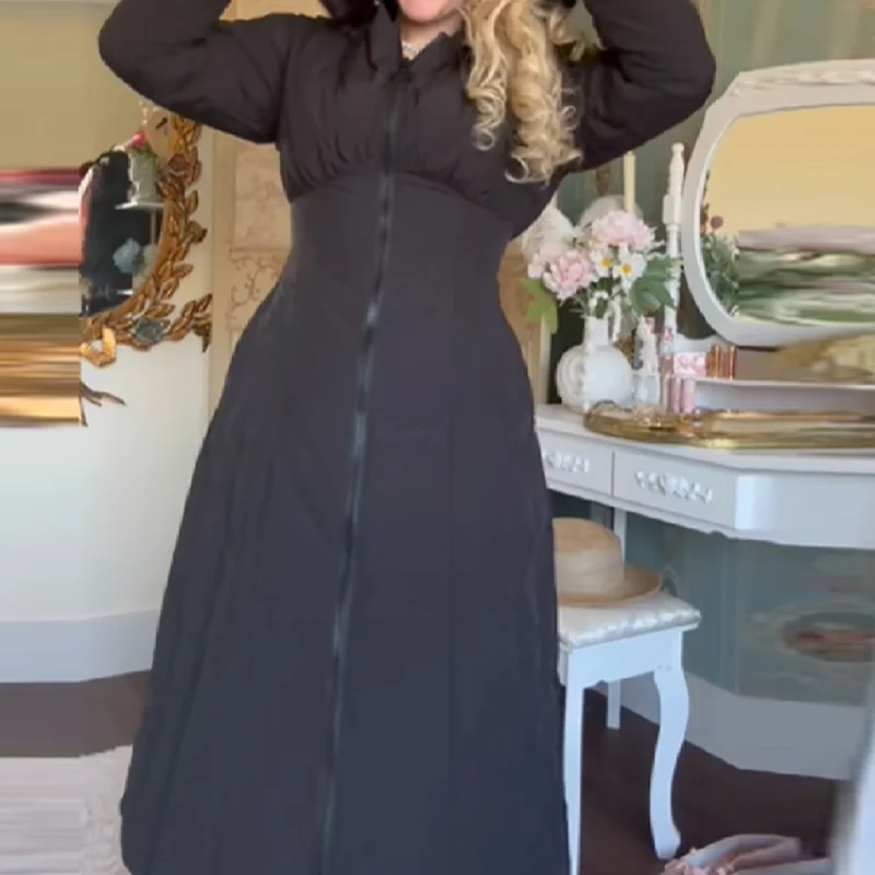 2025 بلون طويل القطن سترة أنيقة تحمل شعار لعبة البيسبول شيك ألف خط Cinched الخصر فستان دافئ الخريف الشتاء خمر حفلة المرأة ملابس خارجية