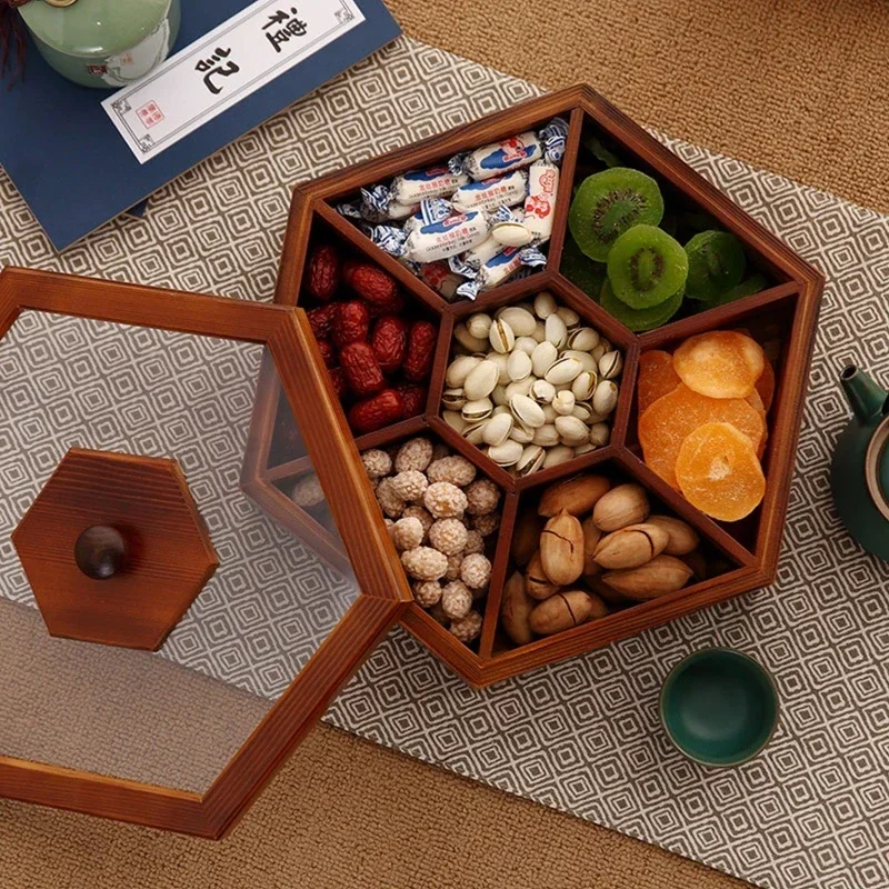 

Vintage Solid Wood Snack Box Chinese Style Divided Grid Dried Fruit Tray Ornament for Home Living Room Candy Nut Melon Seeds Cas