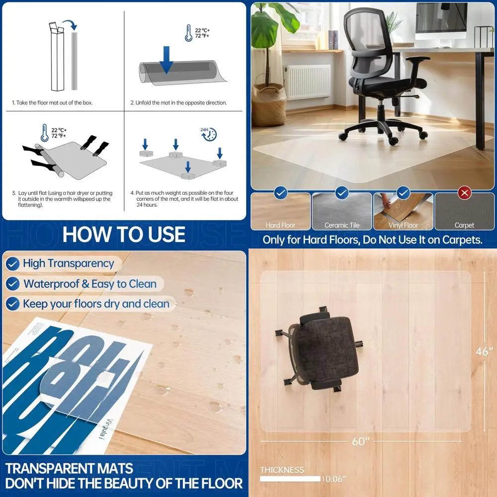 

Clear Large Desk Chair Mat, 60 x 46, Hardwood Floor Protector, Anti-Slip Plastic Mat for Office