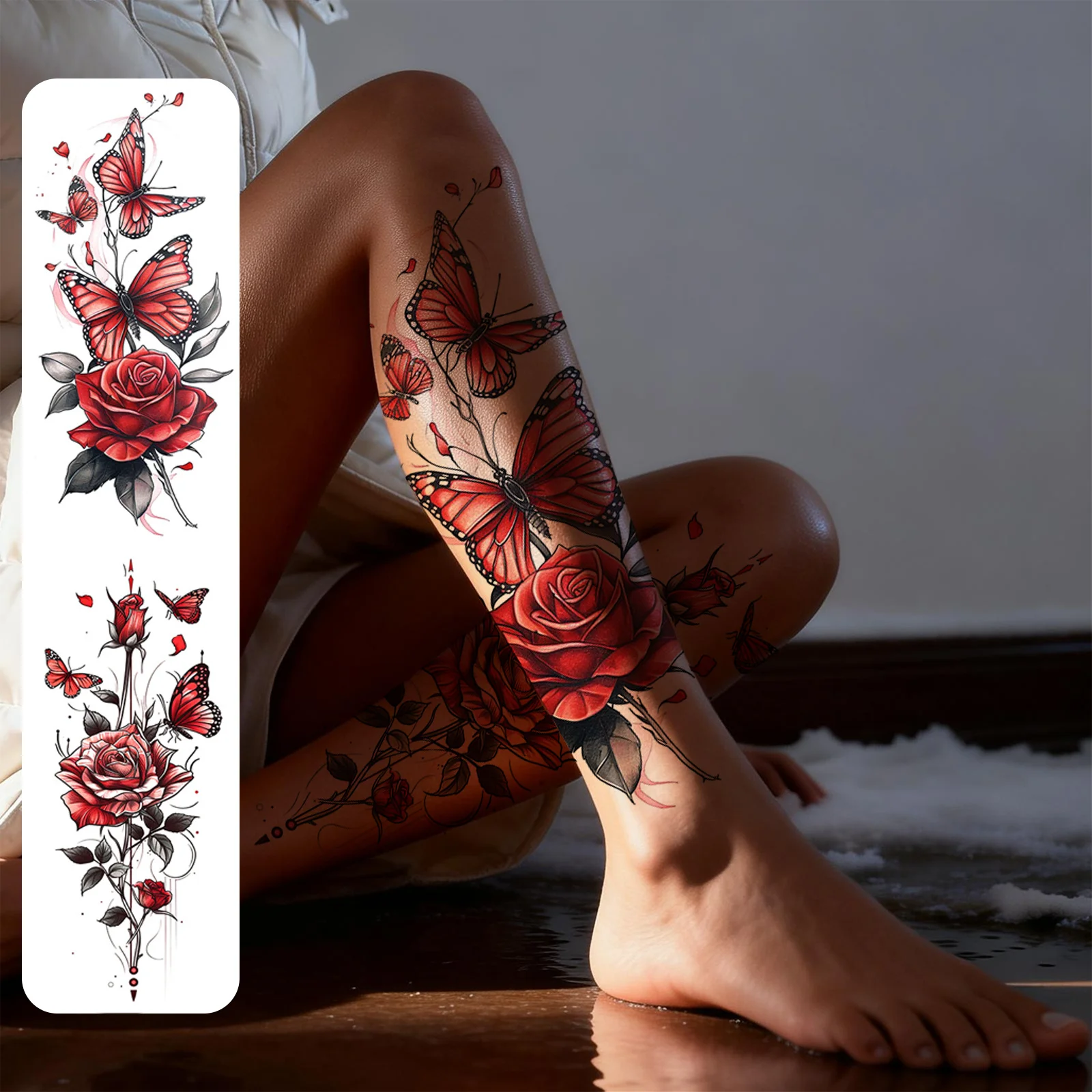 2 Sheets Red Butterfly Rose Flower Temporary Tattoo Stickers, Waterproof Fake Tattoos Cover Scars