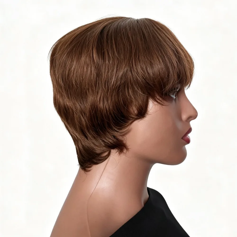 Brown Short Straight Bob Wig with Bangs, 2x1 Lace Closure Glueless Human Hair Wigs, Brazilian Hair Middle Part Bob Wig for Women