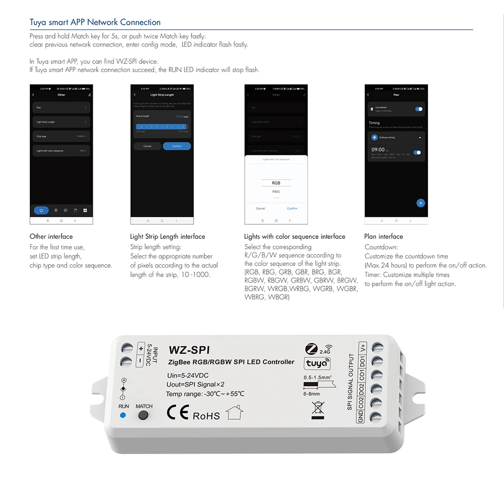 Skydance WZ-SPI DC5V-24V Smart Zigbee SPI Tuya 2.4GRF LED Controller WS2811 WS2812B SK6812 RGB/RGBW Addressable LED Strip