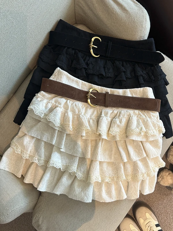 

Korean Sle Sweet Lace Trim High Waist Women's Autumn Winter New Cake ort Skirt with Belt Anti-Light Walking Skirt