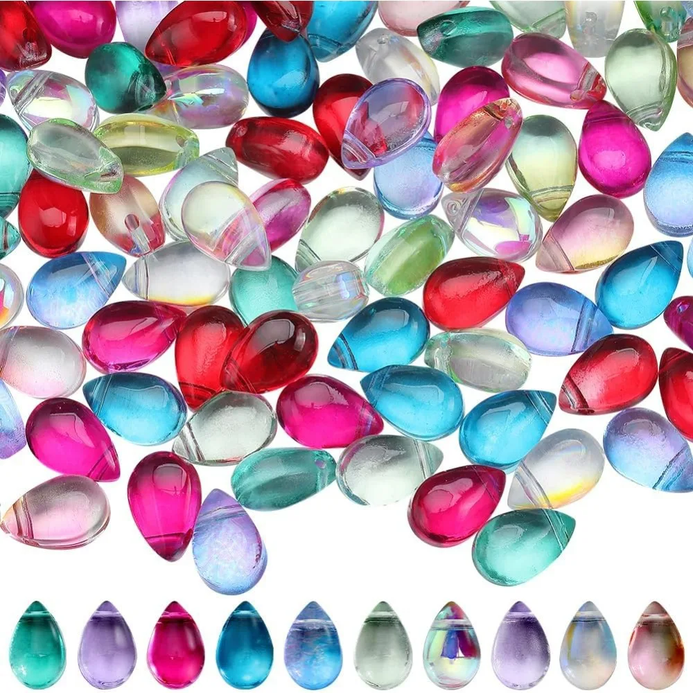 1 Box 150Pcs 10 Colors Glass Water Drop Beads Teardrop Bead Colorful Transparent Waterdrop Oval Crystal Loose Spacer Bead