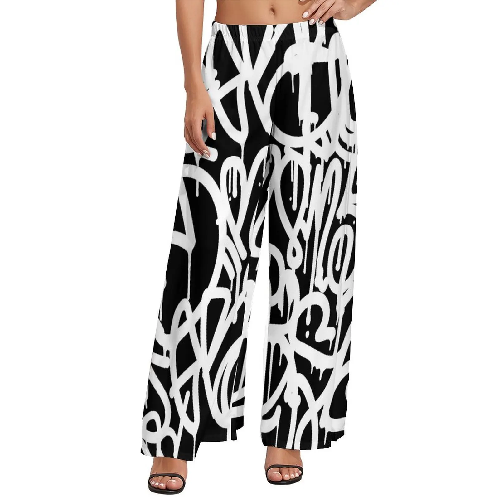 

Abstract Graffiti Pants Black and White Trendy Wide Leg Pants Women Big Size Street Fashion Custom Straight Trousers