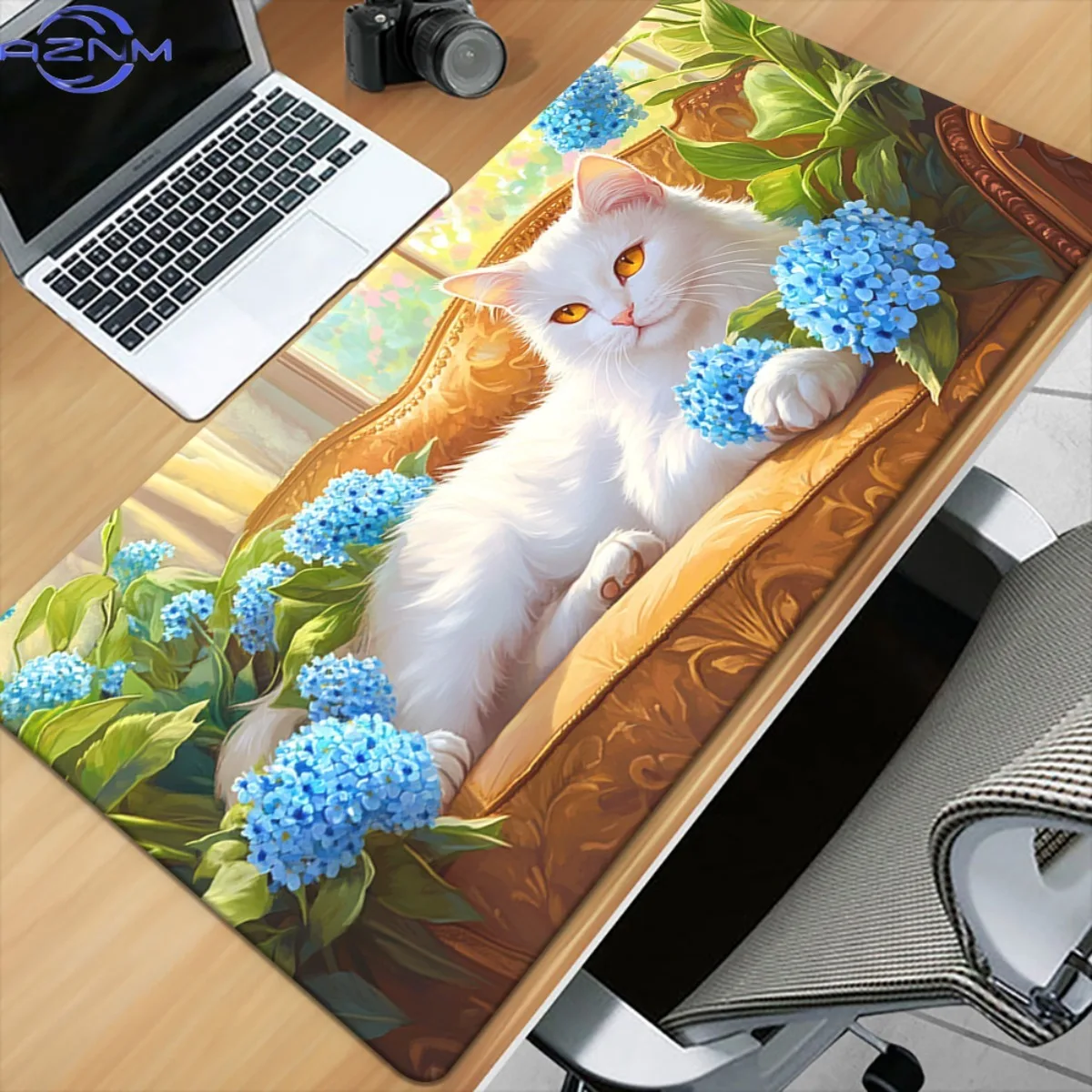 1pc Cat with Blue Flowers Pattern HD Printed Pad for Desk, Multi Functional XXL Mousepad, Keyboard Gaming Mouse Mats, Office Com