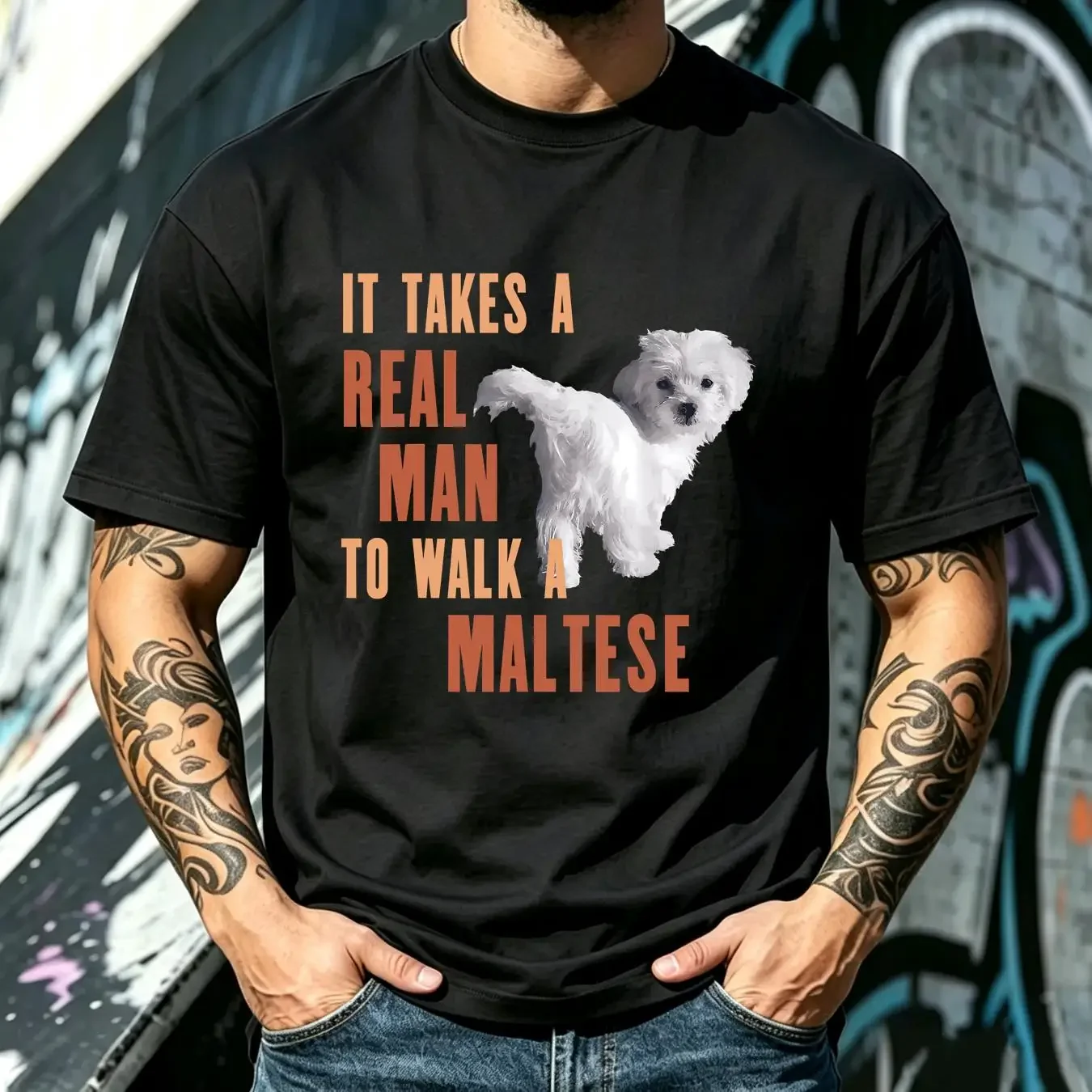 washed T Shirt NWT It Takes A REAL MAN To Walk MALTESE Funny Dog Lover vintage Washed Versatile Stretched fashion Slightly