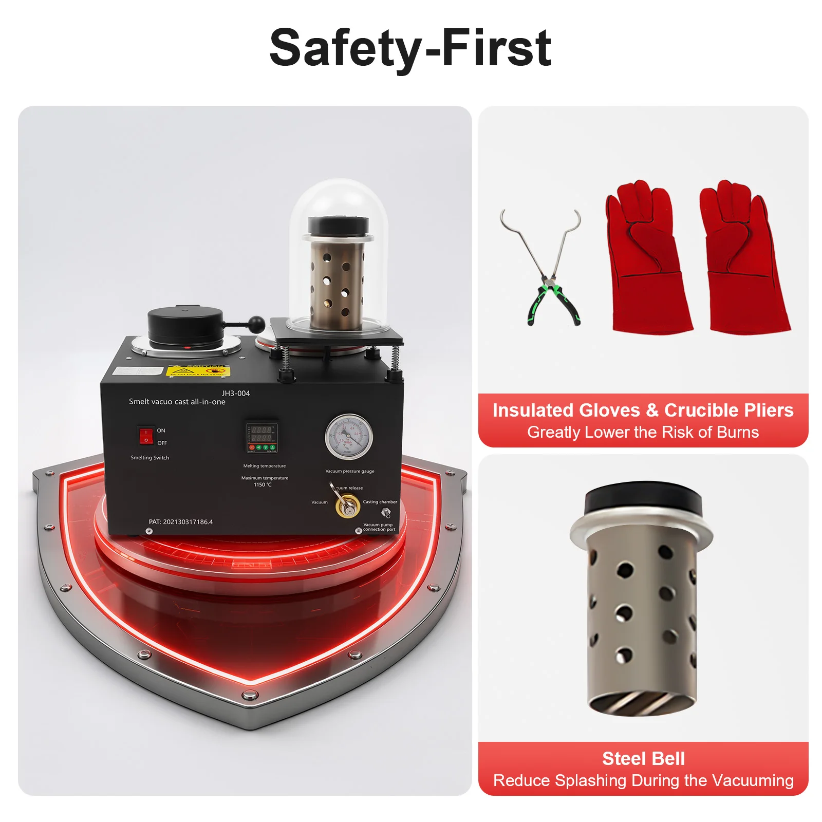 Vacuum Casting Machine 1500W, 2KG Graphite Crucible Melting Furnace with Vacuum Hood & Steel Bell, 2102°F High Temp Jewelry Casting Kit for Gold Silver Copper Brass, US Standard 110V