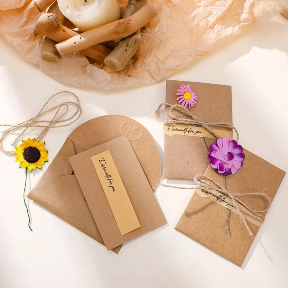 

Creative Flower Greeting Cards DIY Envelope Kraft Paper Postcard Vintage Sunflower Blank Gift Card