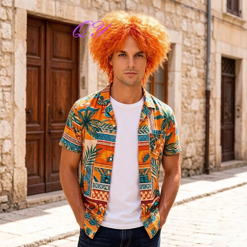 Men Short Orange Fluffy Afro Curly Wig Heat Resistant Synthetic Hair Wigs  Halloween Carnival Cosplay Party Costume Wig