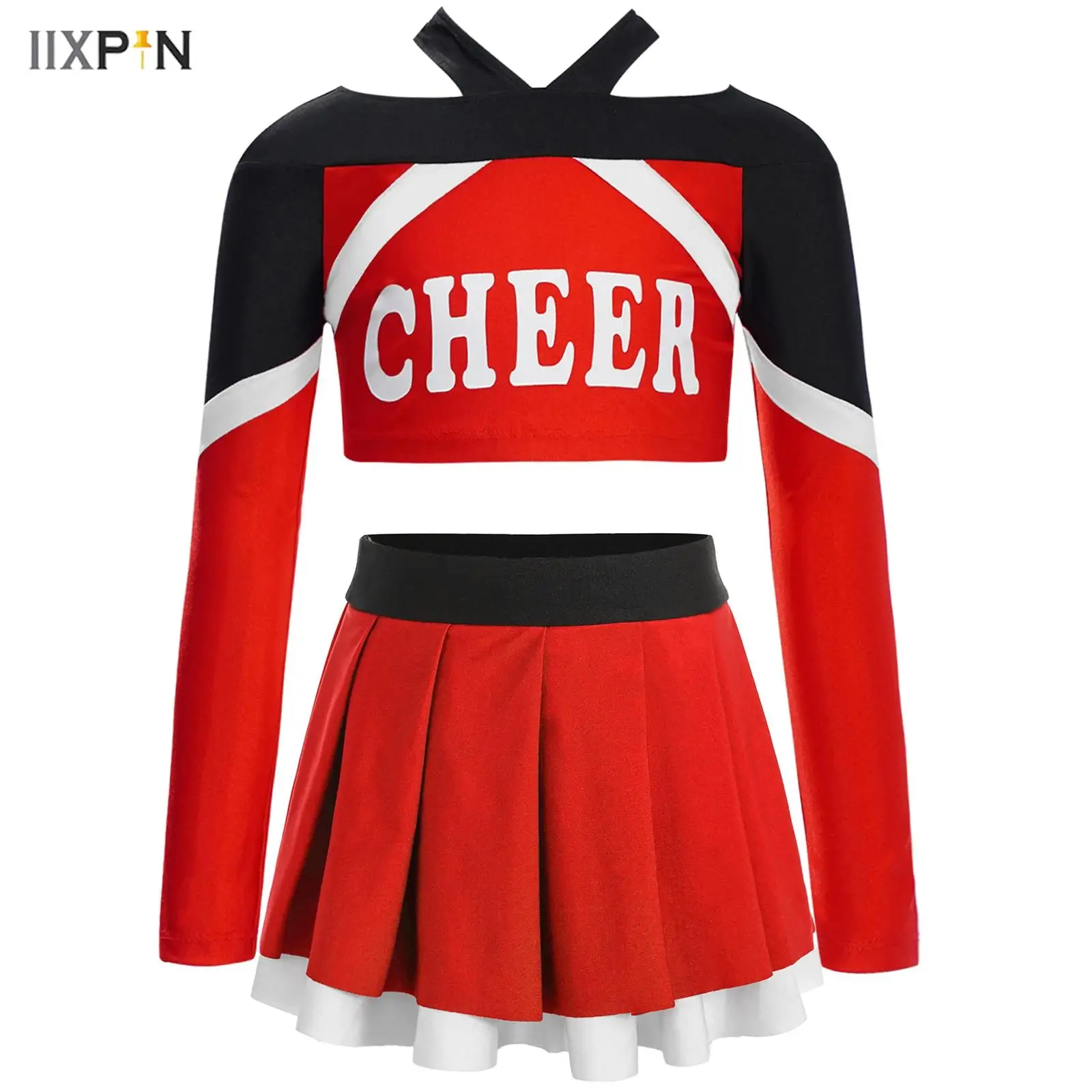 

2Pcs Kids Girls Cheerleading Uniform Dance Performance Costume Long Sleeve Letter Print Color Block Crop Top with Pleated Skirt