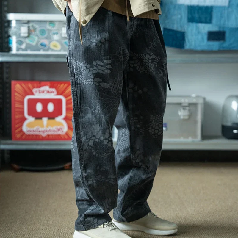 Personalizado python padrão preto cinza camuflagem perna reta cintura elástica calças casuais para homem nova chegada