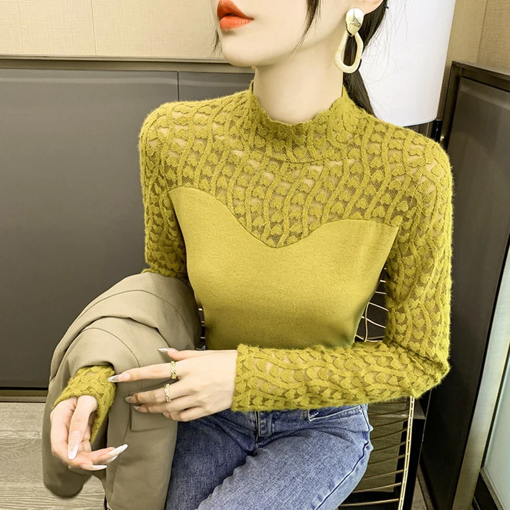 

Half High Neck Hollow Out T Shirt Women Solid Lace Knit Pullovers Female Long Sleeve Slim Office Ladies Tops Bottoming Sweater