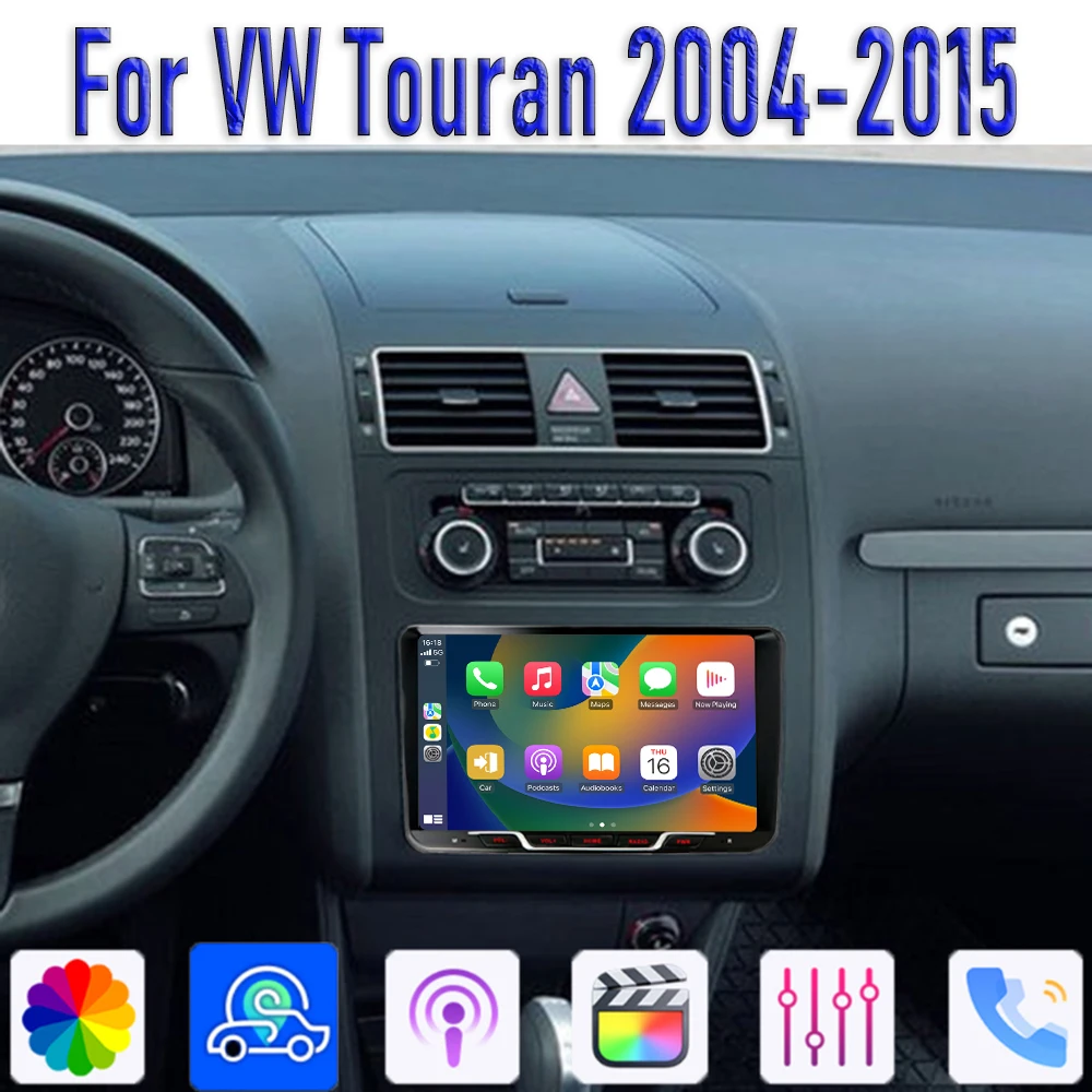 GPS 9'' For VW Touran 2004-2015 Car Radio Head Unit Wireless Carplay Apple Android 15 Auto Intelligent System Camera WIFI BT FM