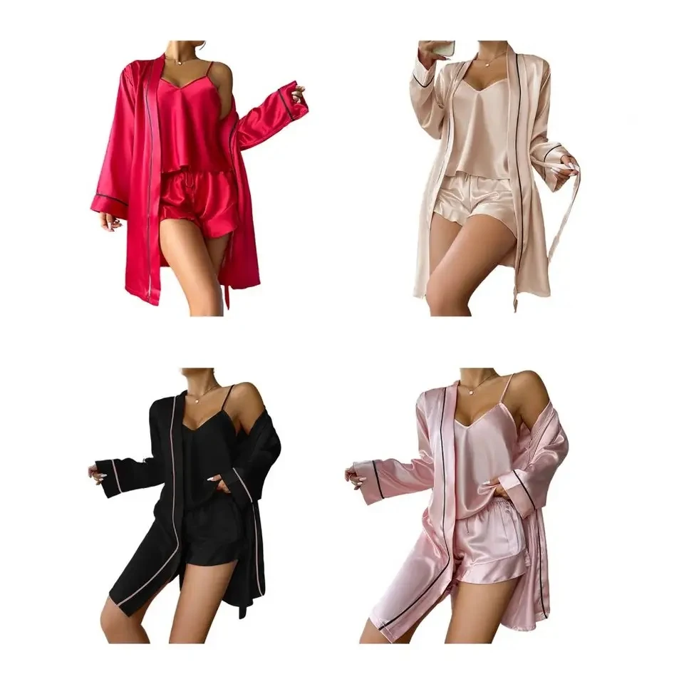 Simple Satin Pajama Set 3pcs Long Sleeve Sleepwear Belted Robe V Neck Cami Top And Shorts Women's Home Suit New Loungewear Set