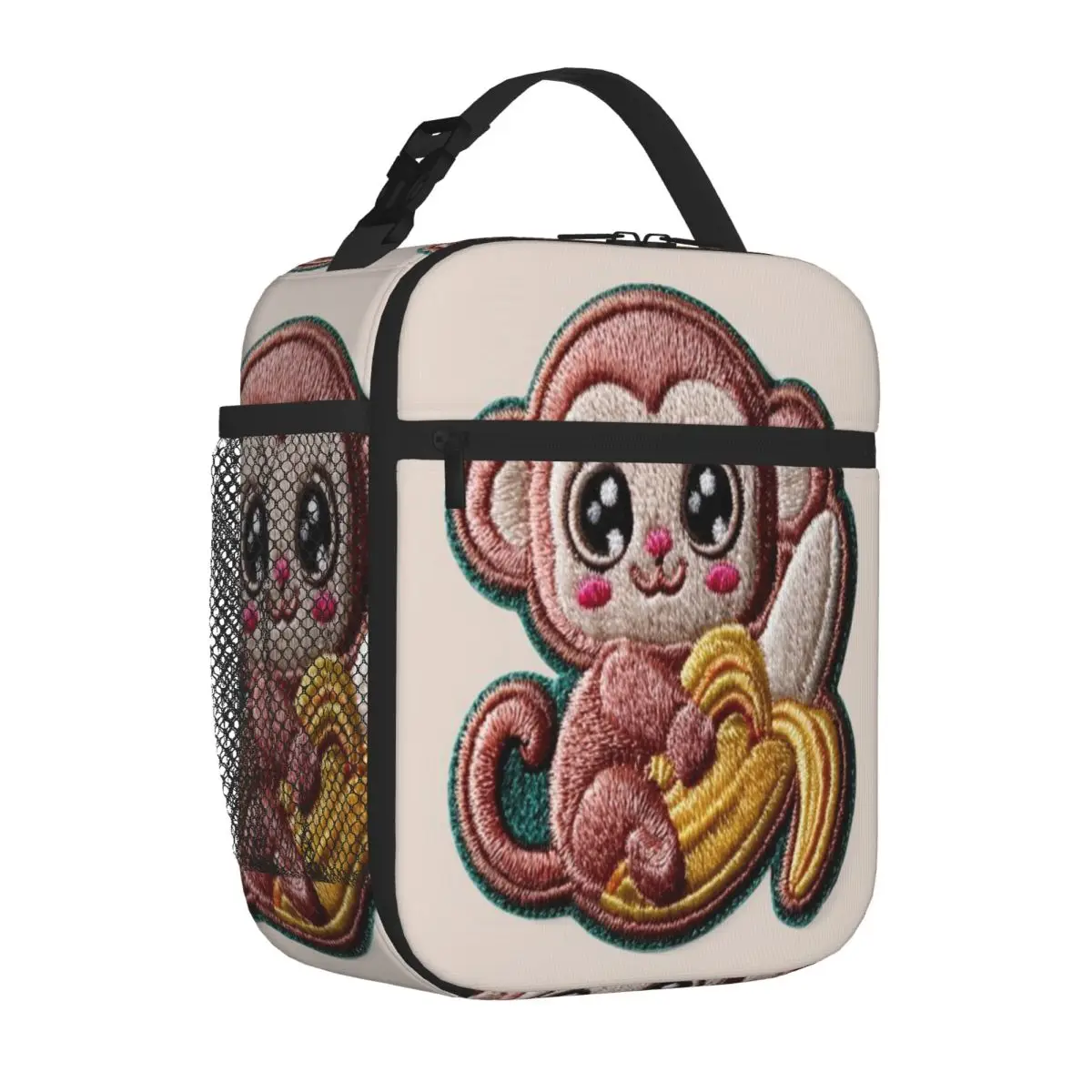 Bestselling Kawaii Monkey With Banana Embroidery Patch Rainbow Print Adult Lunch Bag Overnight Trip Lightweight Lunch Bag