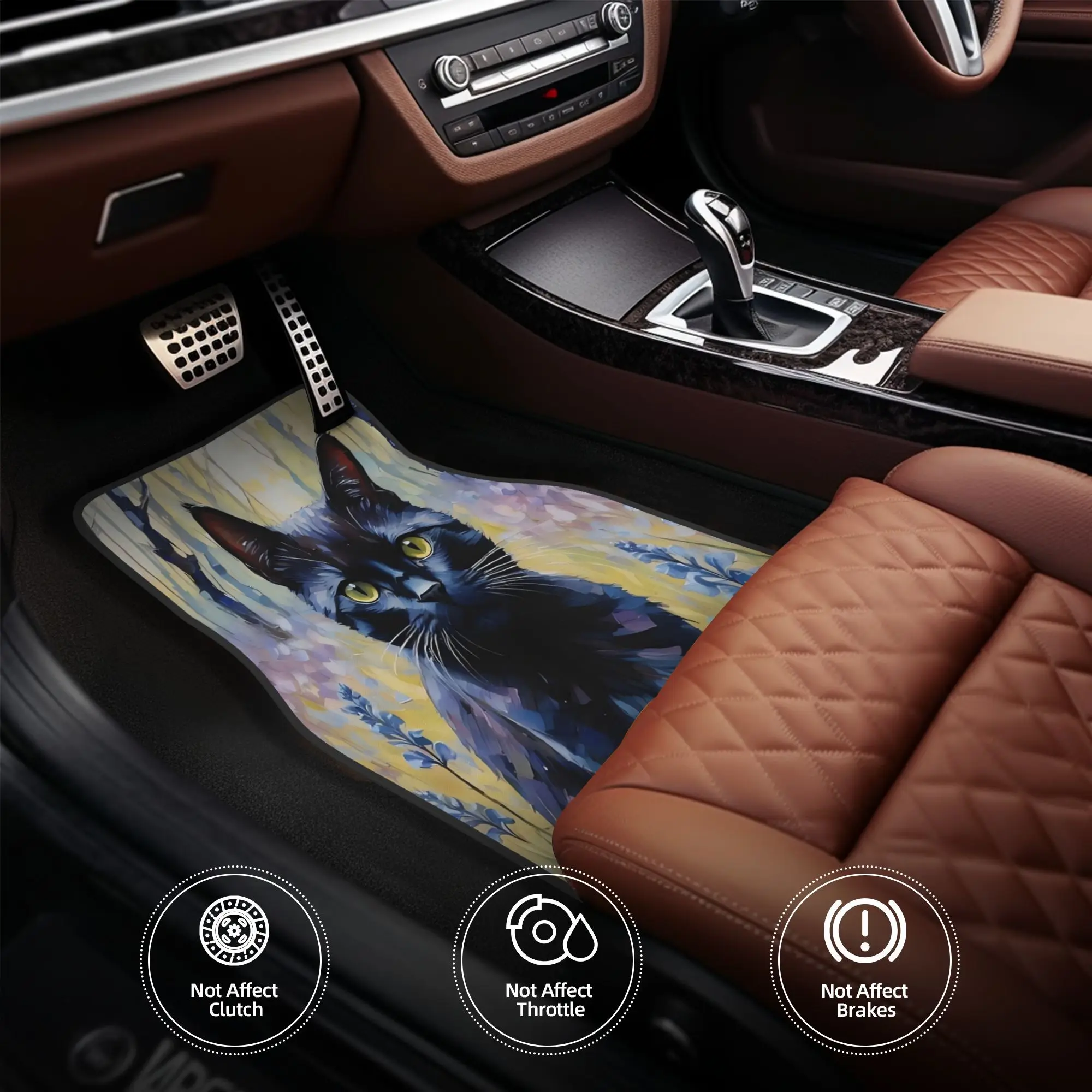 4pcs Black Cat Amongst Bluebells Oil Painting Car Floor Mats - Durable Polyester Fiber, Non-Slip & Easy-Clean Interior Mat With