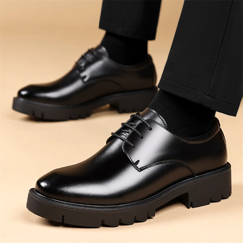 Men Formal Lace‑Up Oxford Shoes Hidden Elevator 8‑10CM Height Boost Chunky Thick Lug Outsole Non‑Slip Durable Soft Lining