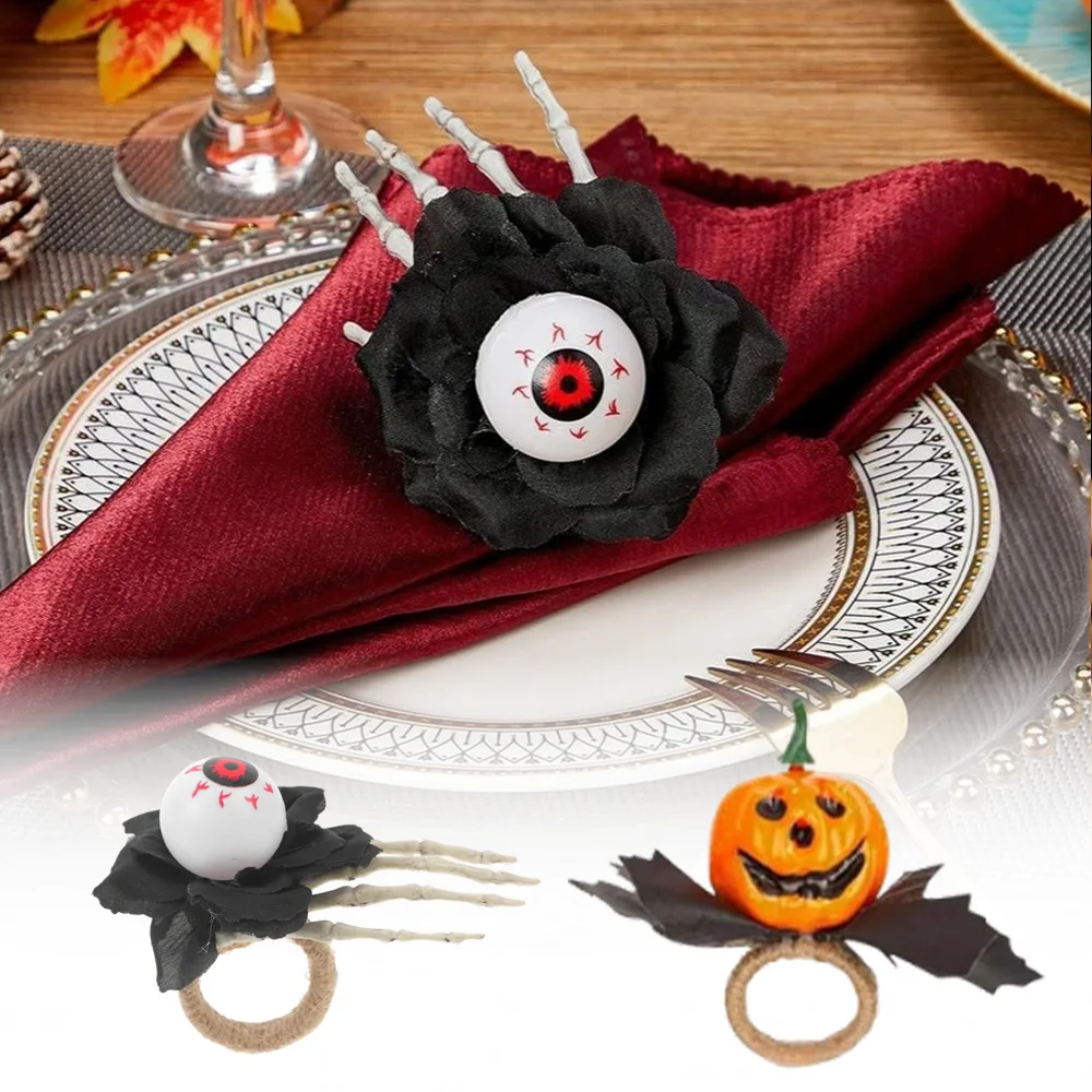 Halloween Pumpkin Napkin Rings Artificial Maple Leaf Eyeball Skeleton Hand Napkin Holders Horror Party Dinner Table Decorations