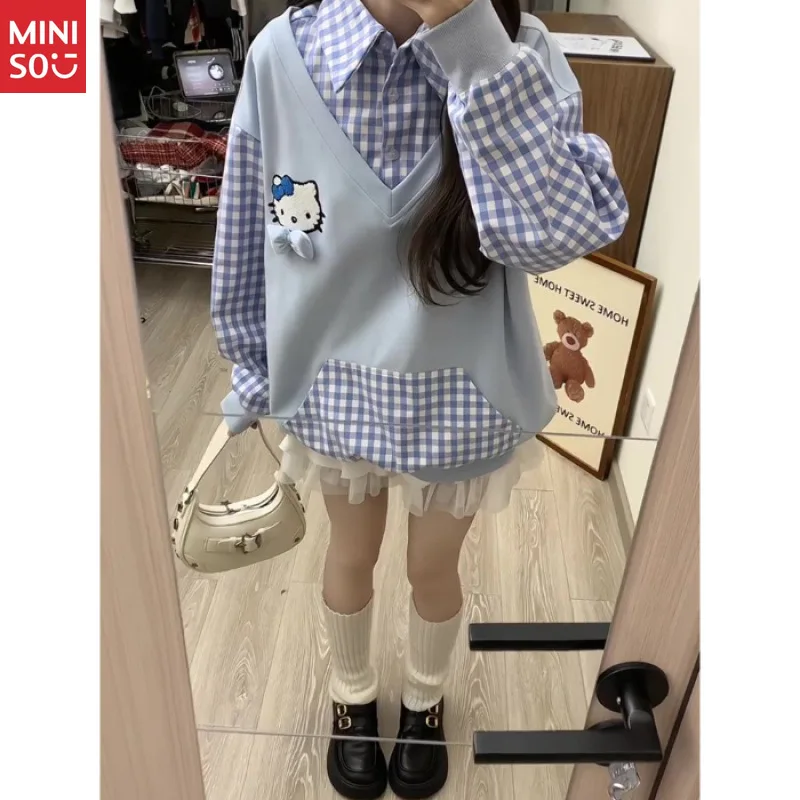 

Plaid Polo Hoodie Women, Colorblock Loose Top, Tummy Cover Streetwear